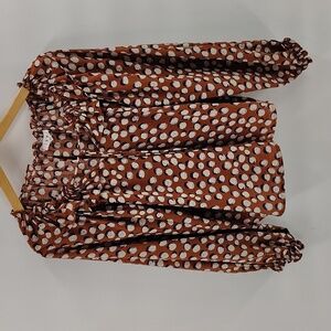 THML Belize Size Small Blouse Brown Cream Top Flowy Ruffle Neck Oversized